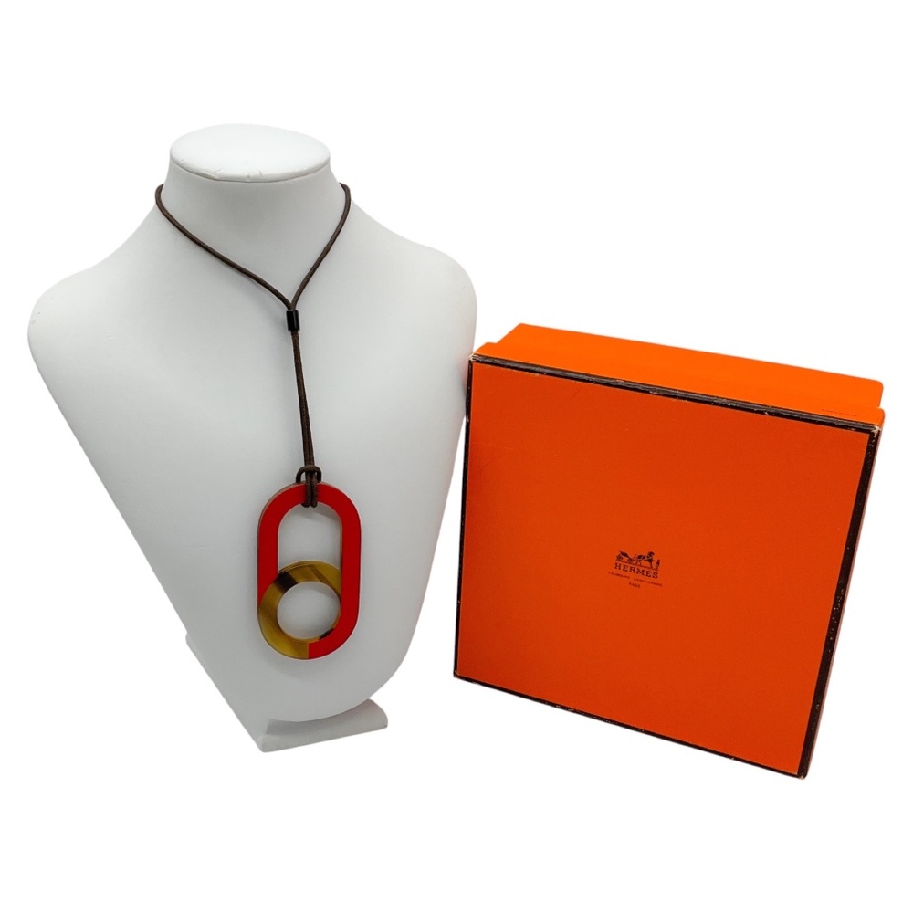 HERMES RED / BUFFALO HORN LARGE MEYANCE PENDANT NECKLACE ON ADJUSTABLE BROWN COR - Picture 6 of 6
